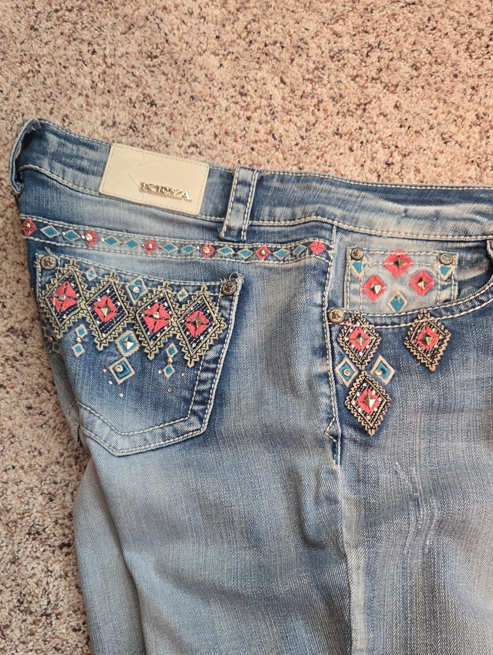 KEYA Rhinestone Designer Women's Light Distressed Jeans Easy Fit 11 31